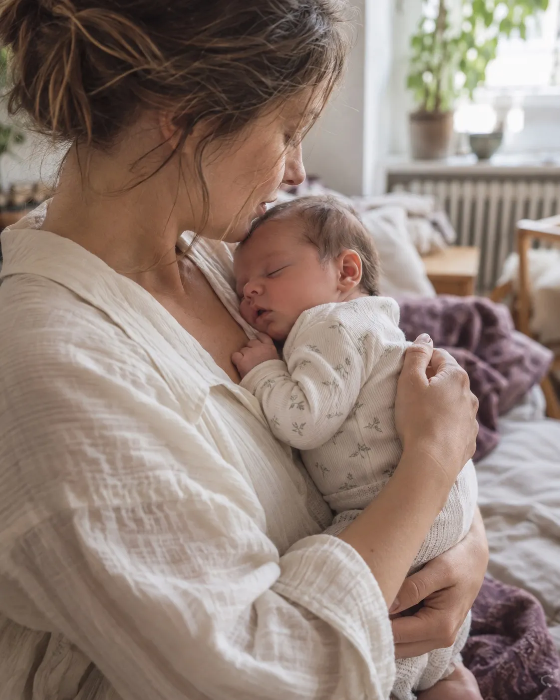 Illustratives Motiv: eine Mutter hält ihr schlafendes Baby nah bei sich